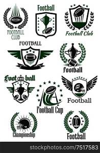 American football balls and helmets, champion trophy cups and gate symbols for sporting club, team and championship design framed by winged and crowned shields, heraldic wreaths and ribbon banners with stars. American football retro symbols for sport design