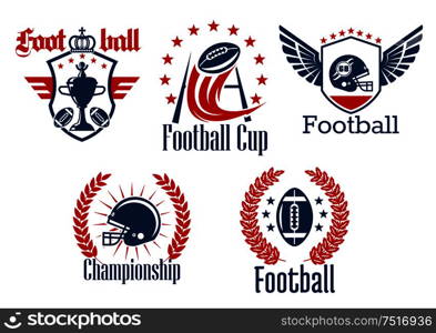 American football championship or sporting club symbols with balls, helmets with face mask, gate and winner trophy cup, framed by heraldic shields with wings and crown, laurel wreaths and stars. American football heraldic sporting symbols