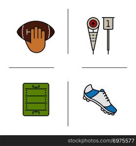 American football color icons set. Hand holding ball, player&rsquo;s shoe, sideline markers, field. Isolated vector illustrations. American football color icons set
