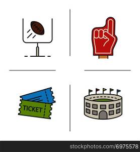 American football color icons set. Red foam finger, game tickets, baseball arena, goal sign. Isolated vector illustrations. American football color icons set