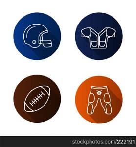 American football equipment. Flat linear long shadow icons set. Helmet, shoulder pad, ball, shorts. Vector line illustration. American football equipment