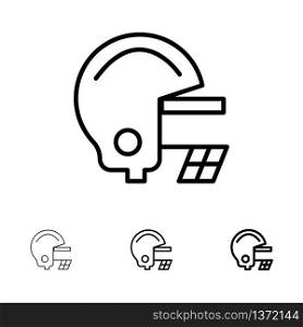 American, Football, Helmet Bold and thin black line icon set