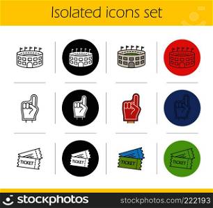 American football icons set. Linear, black and color styles. Red foam finger, game tickets, baseball arena. Isolated vector illustrations. American football icons set