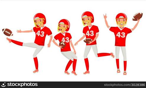 American Football Male Player Vector. Match Tournament. Summer Activity. Playing In Different Poses. Man Athlete. Isolated On White Cartoon Character Illustration. American Football Young Man Player Vector. Red White Uniform. Stadium Football Game. Man. Flat Athlete Cartoon Illustration