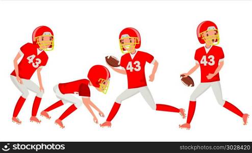 American Football Male Player Vector. Speed Strategy. Football Match Tournament. In Action. Cartoon Character Illustration. American Football Male Player Vector. Match Tournament. Summer Activity. Playing In Different Poses. Man Athlete. Isolated On White Cartoon Character Illustration