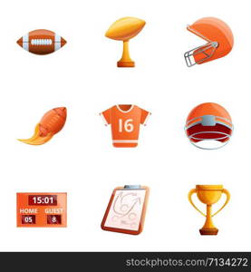 American football object icon set. Cartoon set of 9 american football object vector icons for web design isolated on white background. American football object icon set, cartoon style