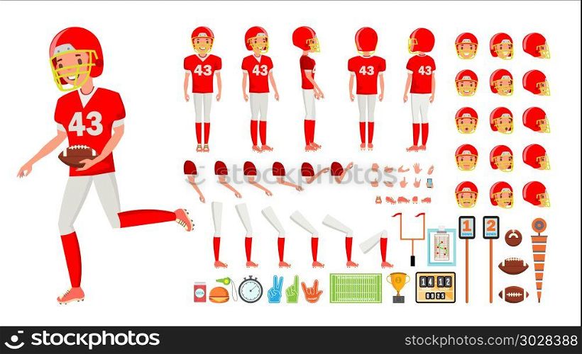 American Football Player Male Vector. Animated Character Creation Set. American Football Man Full Length, Front, Side, Back View, Accessories, Poses Emotions, Gestures. Flat Cartoon Illustration. American Football Player Male Vector. Animated Character Creation Set. American Football Man Full Length, Front, Side, Back View, Accessories, Poses Emotions, Gestures. Flat Illustration