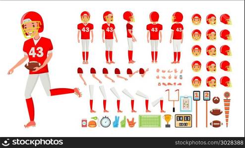 American Football Player Male Vector. Animated Character Creation Set. American Football Man Full Length, Front, Side, Back View, Accessories, Poses Emotions, Gestures. Flat Cartoon Illustration. American Football Player Male Vector. Animated Character Creation Set. American Football Man Full Length, Front, Side, Back View, Accessories, Poses Emotions, Gestures. Flat Illustration