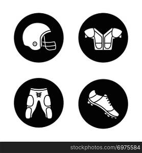 American football player&rsquo;s uniform icons set. Helmet, shoulder pad, shoe, shorts. Vector white silhouettes illustrations in black circles. American football player&rsquo;s uniform icons set