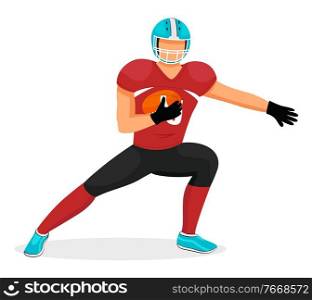 American football player stretching before game. Isolated sportsman holding rugby ball. Gridiron hobby or competition. Footballer playing aggressive traditional sports of usa. Vector in flat style. American Football Character Gridiron Player Vector