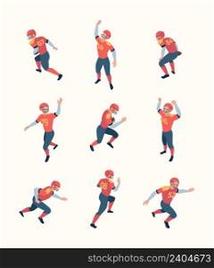 American football players. Isometric persons with ball in dynamic poses sport people playing standing running jumping garish vector 3d pictures collection. Illustration of american player football. American football players. Isometric persons with ball in dynamic poses sport people playing standing holding running jumping garish vector 3d pictures collection