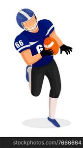 American football professional player holding ball and running. Male character playing aggressive game. Competition or training of sportsman. Isolated personage enjoying hobby, vector in flat. American Football Player Running with Ball Vector