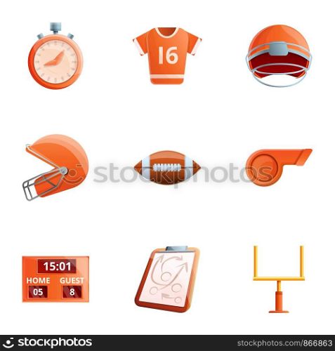 American football sport icon set. Cartoon set of 9 american football sport vector icons for web design isolated on white background. American football sport icon set, cartoon style