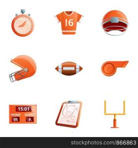 American football sport icon set. Cartoon set of 9 american football sport vector icons for web design isolated on white background. American football sport icon set, cartoon style