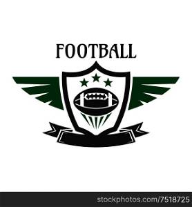 American football sports team sign of ball with stars, framed by winged heraldic shield with ribbon banner below. May be used as sporting badge, insignia or emblem design. Football sports team heraldic insignia with ball