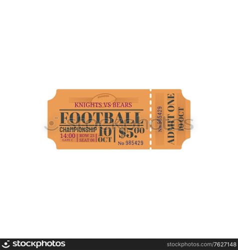 American football ticket isolated vector icon. Knits vs Bears soccer game, football team match on city arena, retro vintage paper or carton template with perforated line. American football ticket Knits vs Bears sport game