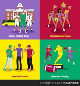 American football trophy, football coach and team. Cheerleading sport, rugby football, uniform game, competition player, athlete and dance, teamwork and victory, athletic play illustration flat design