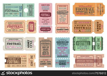 American football vector game tickets, isolated on white. Football team match, retro isolated vintage adit templates form paper or carton with perforated line. American football isolated vector tickets