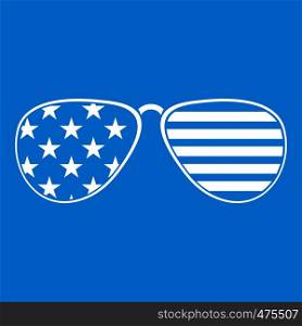 American glasses icon white isolated on blue background vector illustration. American glasses icon white