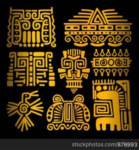 American golden ancient totems on black background, vector illustration. American golden ancient totems