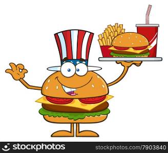 American Hamburger Cartoon Character Holding A Platter With Burger