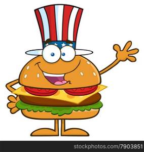 American Hamburger Cartoon Character With Patriotic Hat Waving