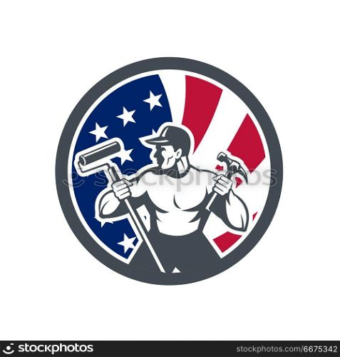 American Handyman USA Flag Icon. Icon retro style illustration of an American professional handyman or household maintenance guy with United States of America USA star spangled banner or stars stripes flag circle isolated background.. American Handyman USA Flag Icon