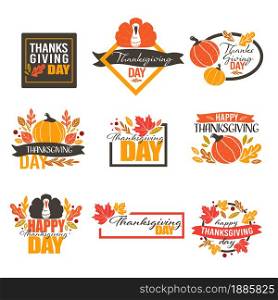 American holiday in autumn, banners for thanksgiving day celebration. Emblems with calligraphic text, turkey and pumpkins, dry leaves and yellow foliage. Symbols of festivity, vector in flat style. Thanksgiving holiday in autumn, banners with turkey and pumpkin
