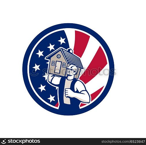 American House Removal USA Flag Icon. Icon retro style illustration of an American house removal or mover carrying a house with United States of America USA star spangled banner or stars and stripes flag inside circle isolated background.. American House Removal USA Flag Icon