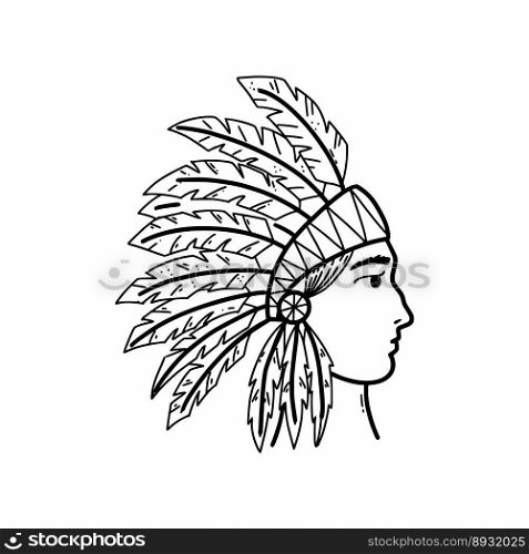 American Indian with feathers on his head. Vector doodle illustration. Icons.