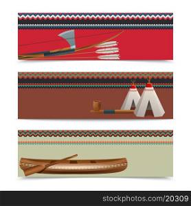 American indians cultural concept horizontal banners with traditional native hatchet weapon on border design abstract vector illustration. American indian ethnic banners set