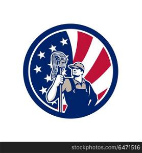 American Industrial Cleaner USA Flag Icon. Icon retro style illustration of an American professional industrial cleaner or cleaning services worker holding mop with United States of America USA star spangled banner flag inside circle.. American Industrial Cleaner USA Flag Icon