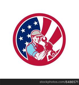American Industrial Maintenance Mechanic USA Flag Icon. Icon retro style illustration of an American auto mechanic or industrial maintenance mechanic holding wrench with United States of America USA star spangled banner or stars and stripes flag in circle.. American Industrial Maintenance Mechanic USA Flag Icon