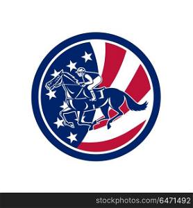 American Jockey Horse Racing USA Flag Icon. Icon retro style illustration of an American jockey or equestrian horse racing viewed from side with United States of America USA star spangled banner stars and stripes flag inside circle background.. American Jockey Horse Racing USA Flag Icon