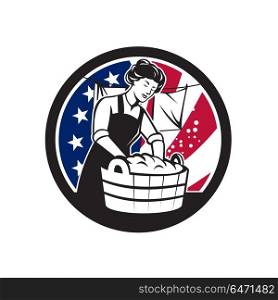 American Laundry USA Flag Icon. Icon retro style illustration of an vintage American housewife washing laundry with United States of America USA star spangled banner or stars and stripes flag inside circle isolated background.. American Laundry USA Flag Icon