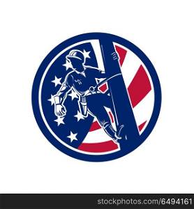American Lineworker USA Flag Icon. Icon retro style illustration of an American Electrical Power Lineman or lineworker on utility pole with United States of America USA star spangled banner or stars and stripes flag inside circle.. American Lineworker USA Flag Icon