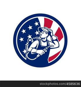 American Lit Operator USA Flag Icon. Icon retro style illustration of an American lit operator or welder with visor holding welding torch with United States of America USA star spangled banner or stars and stripes flag inside circle . American Lit Operator USA Flag Icon