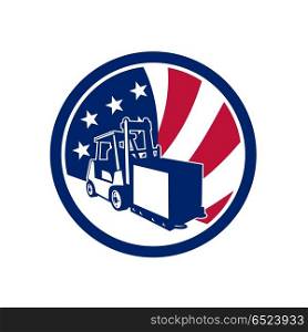 American Logistics USA Flag Icon. Icon retro style illustration of an American logistics operations with forklift truck and United States of America USA star spangled banner or stars and stripes flag inside circle isolated background.. American Logistics USA Flag Icon