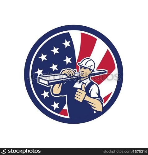 American Lumber Yard Worker USA Flag icon. Icon retro style illustration of an American lumber yard or lumberyard worker thumbs up with United States of America USA star spangled banner or stars and stripes flag in circle isolated background.. American Lumber Yard Worker USA Flag icon