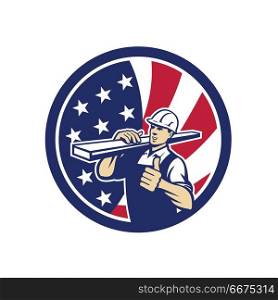 American Lumber Yard Worker USA Flag icon. Icon retro style illustration of an American lumber yard or lumberyard worker thumbs up with United States of America USA star spangled banner or stars and stripes flag in circle isolated background.. American Lumber Yard Worker USA Flag icon