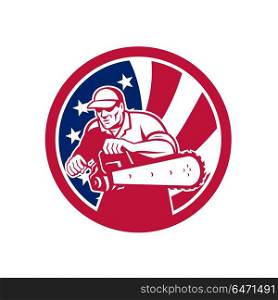 American Lumberjack USA Flag Icon. Icon retro style illustration of an American lumberjack arborist or tree surgeon holding a chainsaw with United States of America USA star spangled banner or stars and stripes flag in circle isolated.. American Lumberjack USA Flag Icon