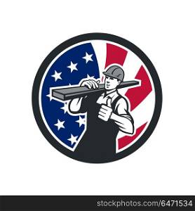 American Lumberyard Worker USA Flag Icon. Icon retro style illustration of an American lumberyard worker carrying timber on shoulder with thumbs up with United States of America USA star spangled banner or stars and stripes flag in circle.. American Lumberyard Worker USA Flag Icon