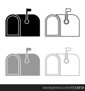 American mail box with flag Pillar-box Postbox icon outline set black grey color vector illustration flat style simple image. American mail box with flag Pillar-box Postbox icon outline set black grey color vector illustration flat style image