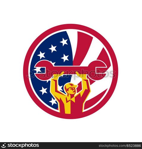 American Mechanic USA Jack Flag Icon. Icon retro style illustration of an American automotive mechanic lifting spanner with United States of America USA star spangled banner or stars and stripes flag inside circle isolated background.. American Mechanic USA Jack Flag Icon