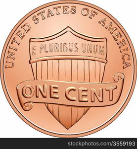 American money, one cent coin with the image of a shield