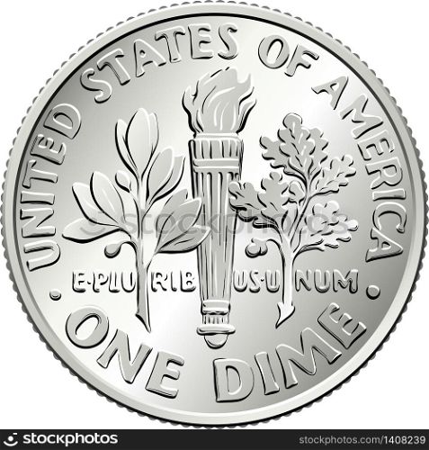 American money Roosevelt dime, United States one dime or 10-cent silver coin, olive branch, torch, oak branch on reverse. United States dime coin reverse