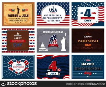 American national holiday, 4th of July collection of colorful greeting cards with traditional sightseeings and flag. Independence day template. American National Holiday 4th of July Greetings