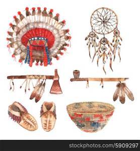 American native objects pictograms set watercolor. Native american indial tribal amulets and household items collection with feathers headdress watercolor abstract isolated vector illustration