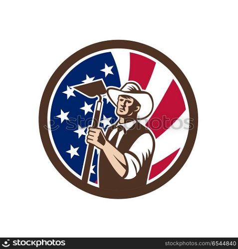 American Organic Farmer USA Flag Icon . Icon retro style illustration of an American organic farmer holding a grab hoe with United States of America USA star spangled banner or stars and stripes flag inside circle isolated background.. American Organic Farmer USA Flag Icon