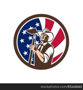 American Organic Farmer USA Flag Icon . Icon retro style illustration of an American organic farmer holding a grab hoe with United States of America USA star spangled banner or stars and stripes flag inside circle isolated background.. American Organic Farmer USA Flag Icon
